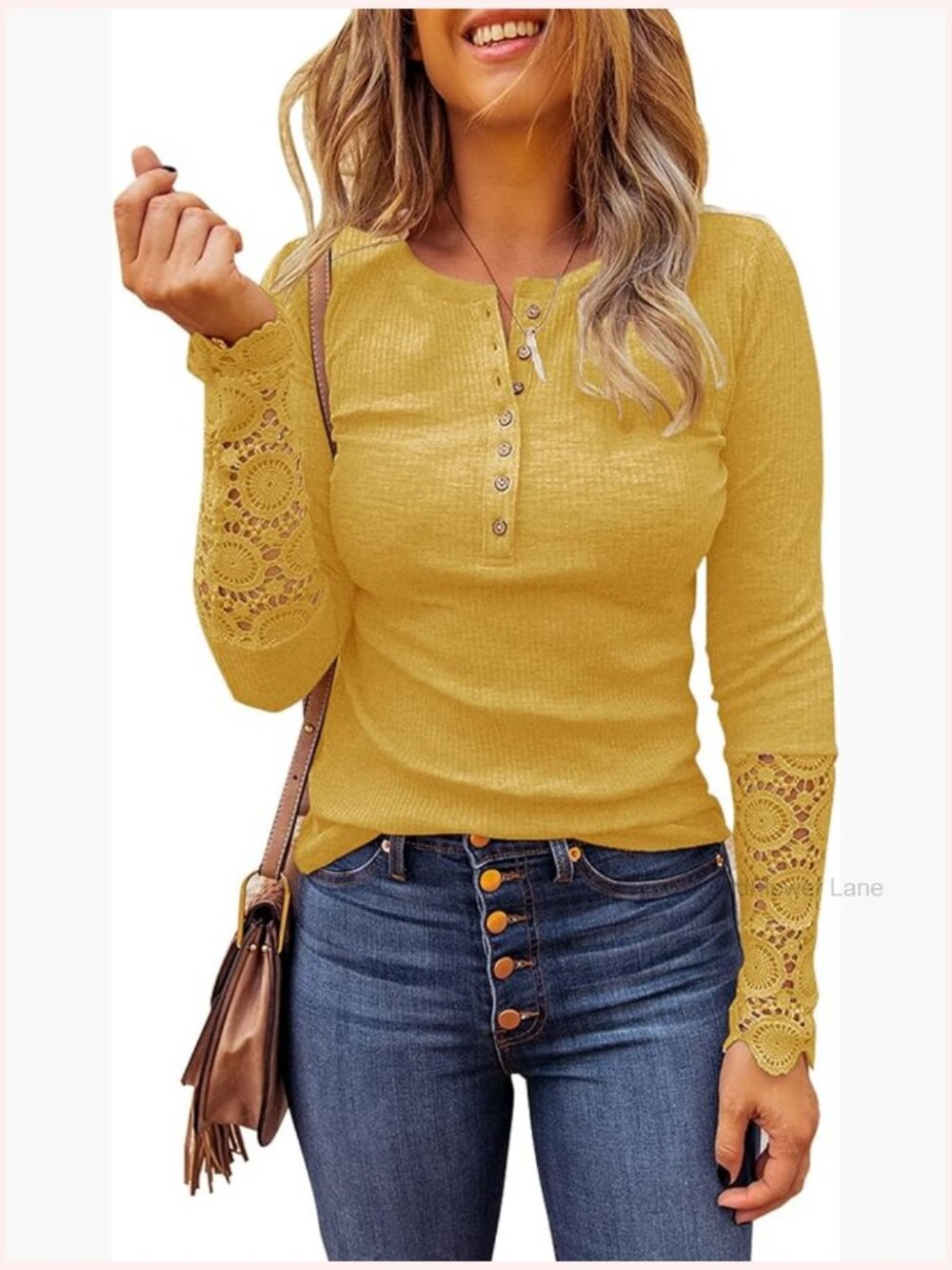 Long Sleeve Lace Trim Tunic Tops Button Down Casual Crew Neck Ribbed Blouse